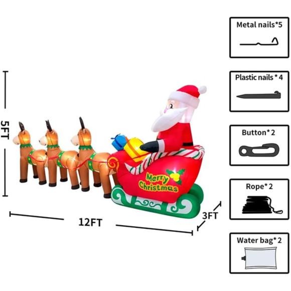 12FT Christmas Inflatables Santa Claus on Sleigh with Reindeer Deer Gift Box - Picture 5 of 6